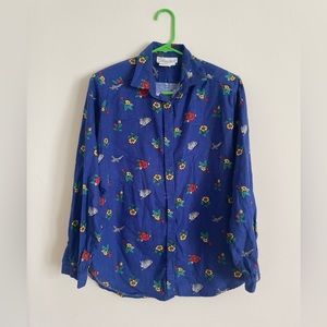 Vintage button down blouse in blue with flower and rabbit prints, size L